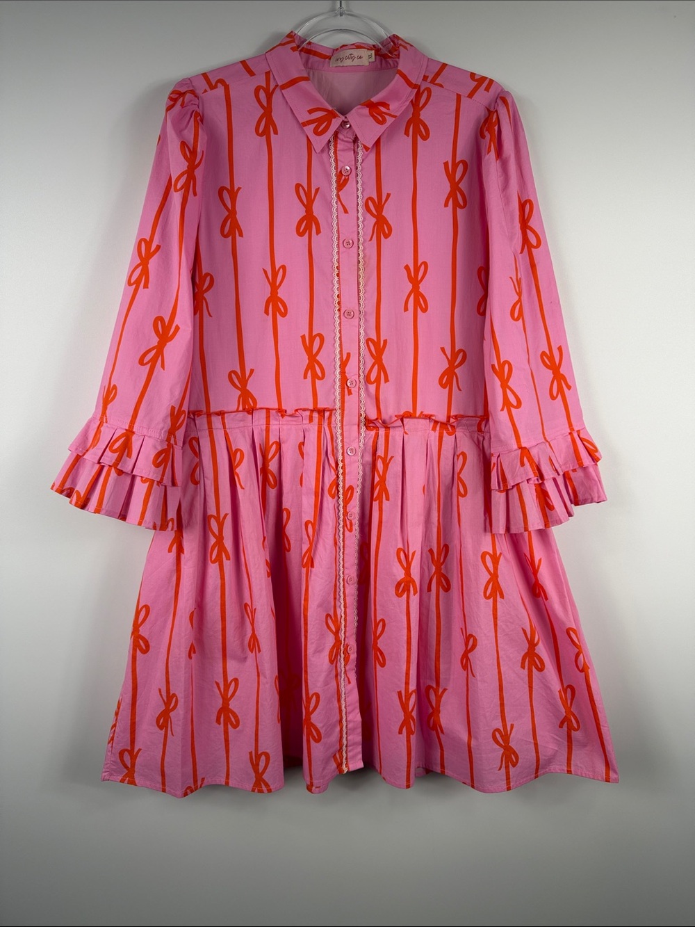 Ivy City Co Bowie Dress XL Pink Orange Bow Print Ruffle Sleeve Tiered Mini - Picture 2 of 9